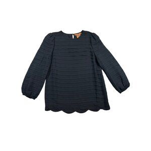 Tory Burch Blouse‎ Womens 6 Black Silk Scalloped Hem Long Sleeve Textured
